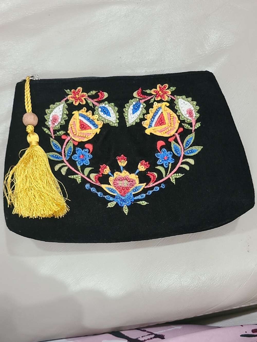 Black Velvet Embroidered Floral Tassel Clutch
